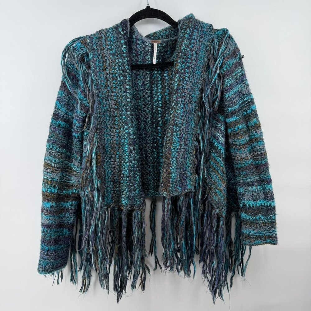 FREE PEOPLE Birkenstock Sweater Turquoise Multi Boho Fringe Cozy Warm Statement